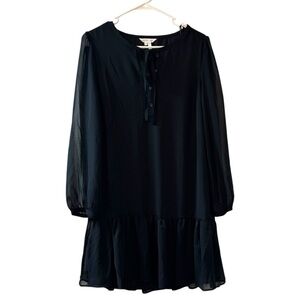 NWT Draper James Tie Neck Flounce Shift Dress Black Sheer Sleeves Womens XS